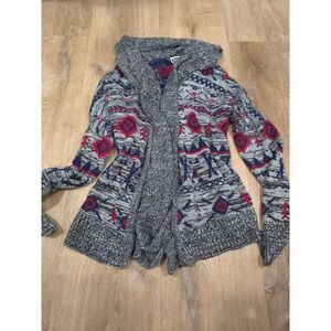 ROXY Women's Aztec Geometric Fair Isle Hooded Open Cardigan Sweater Knit Gray...